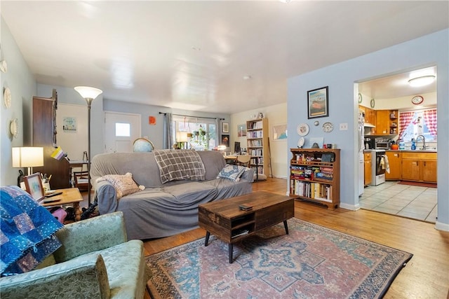 living room with light wood-type flooring and sink