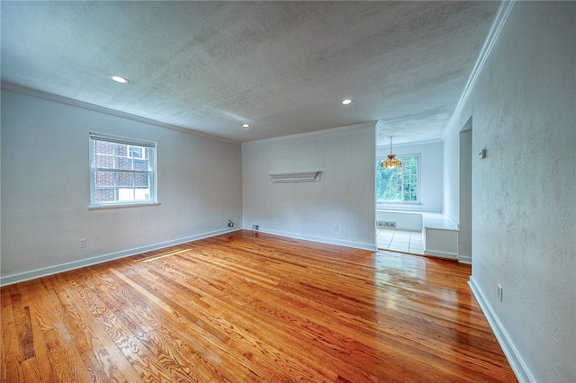 spare room featuring light hardwood / wood-style floors, a healthy amount of sunlight, and a textured ceiling