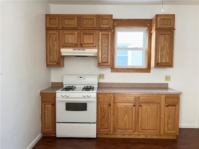 kitchen featuring gas range gas stove and dark hardwood / wood-style flooring