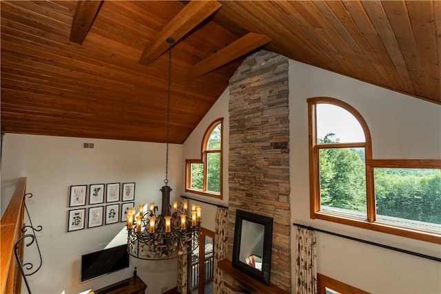 details with beamed ceiling, wood ceiling, and an inviting chandelier