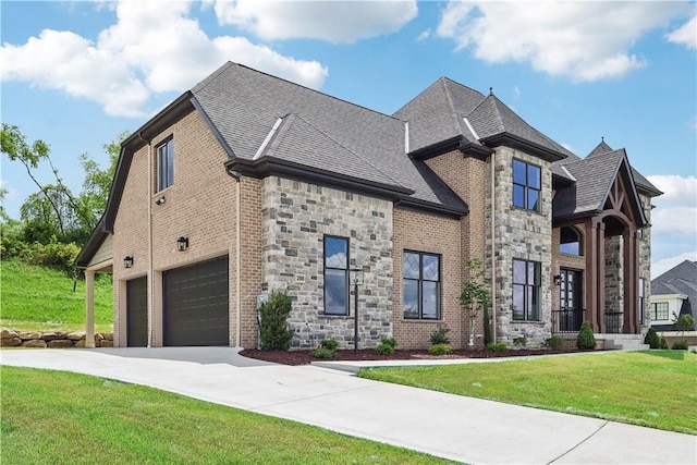 view of front of property with a front yard and a garage