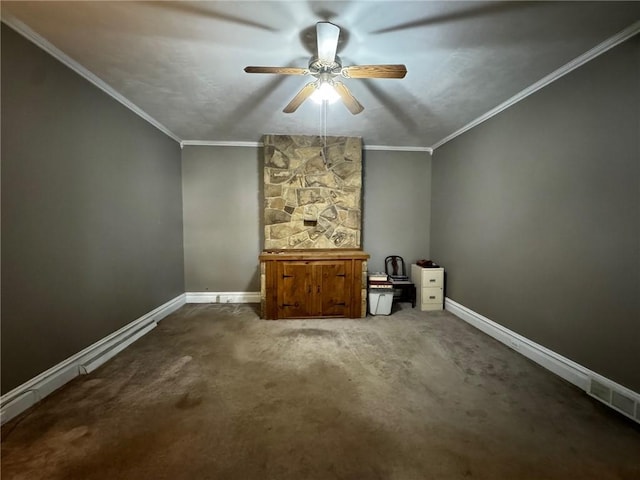 additional living space with ceiling fan and carpet floors