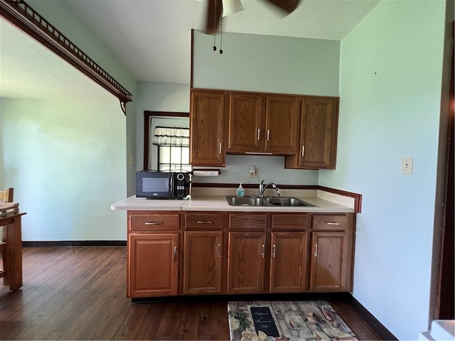 kitchen featuring ceiling fan, sink, and dark wood-type flooring