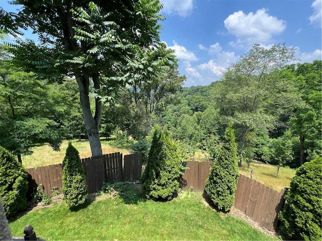 view of yard featuring fence and a view of trees