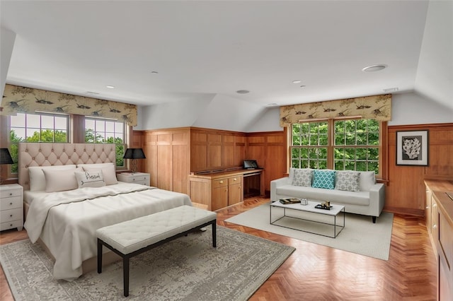 bedroom featuring light parquet floors