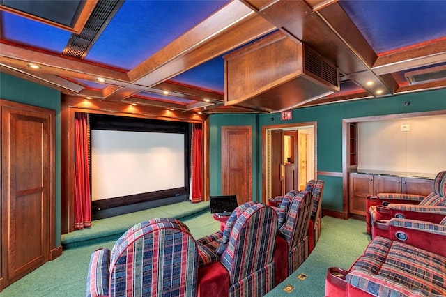 home theater with beamed ceiling, light carpet, and coffered ceiling