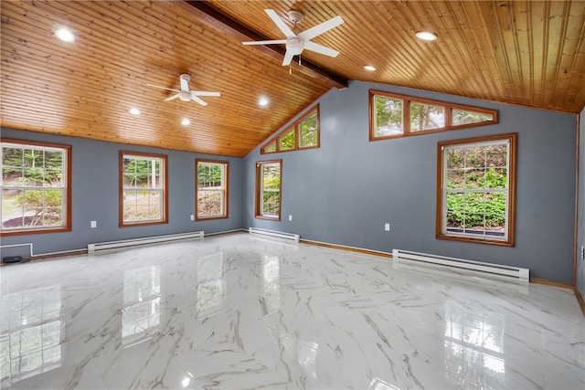 empty room with ceiling fan, a healthy amount of sunlight, a baseboard radiator, and light tile floors