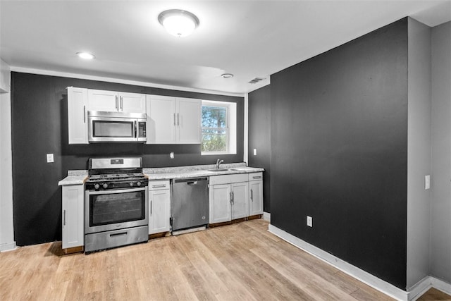 kitchen featuring white cabinetry, appliances with stainless steel finishes, sink, and light wood-type flooring