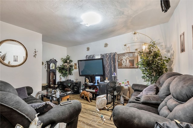 living room with hardwood / wood-style flooring and a textured ceiling