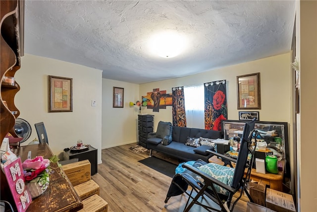 living room featuring light hardwood / wood-style floors and a textured ceiling