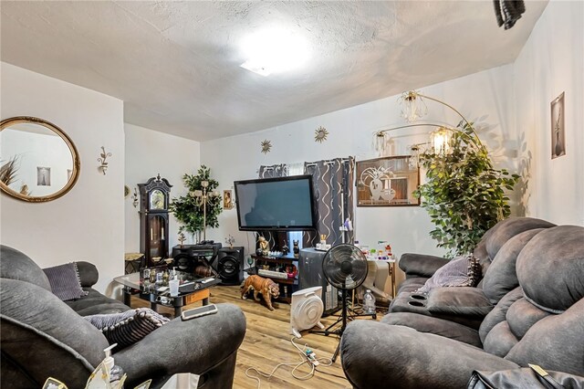 living room with hardwood / wood-style flooring and a textured ceiling