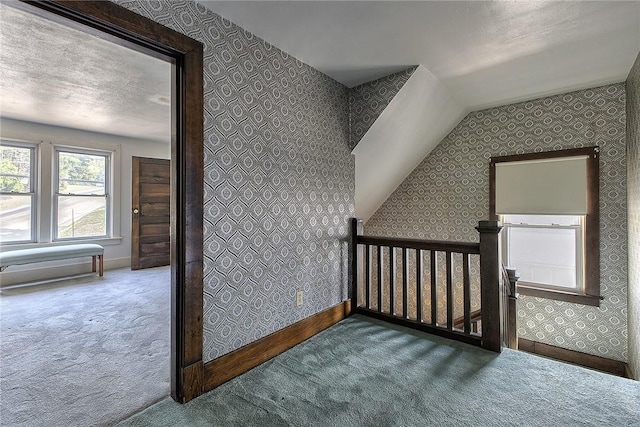 stairs featuring lofted ceiling, carpet flooring, and a textured ceiling