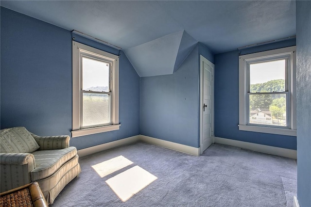 unfurnished room featuring carpet and vaulted ceiling