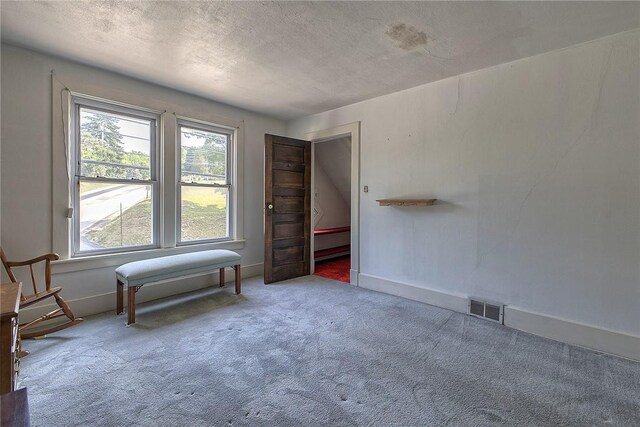 interior space featuring a textured ceiling and carpet