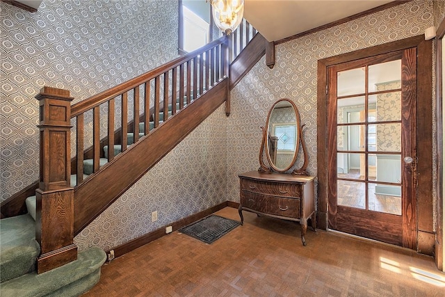 staircase featuring carpet flooring