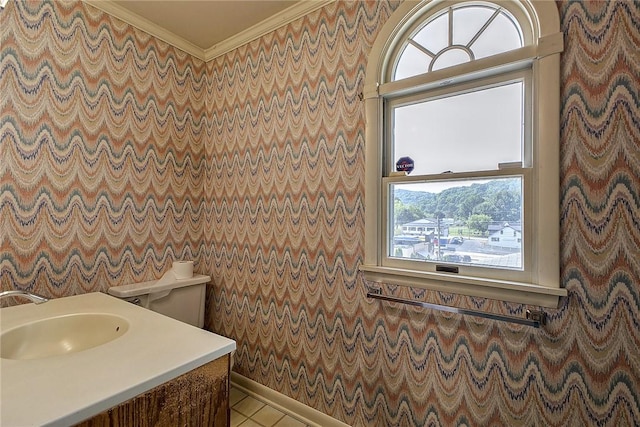 bathroom with vanity, ornamental molding, and toilet