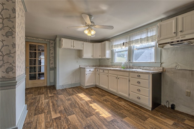 kitchen with ceiling fan, dark hardwood / wood-style flooring, white cabinets, and sink