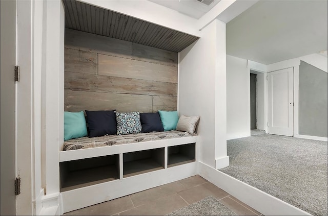 mudroom featuring carpet flooring and wood walls