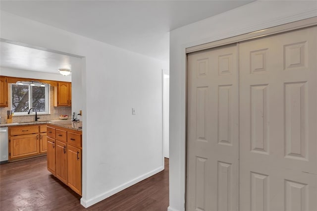 kitchen with sink, dark hardwood / wood-style floors, stainless steel dishwasher, and tasteful backsplash