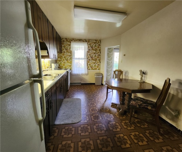 kitchen with sink, dark brown cabinetry, washer / clothes dryer, and white fridge