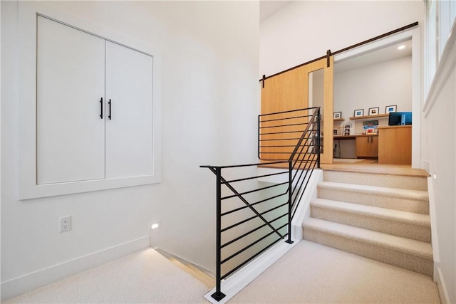 107 Nantucket Dr, Fox Chapel, PA 15238 - stairs featuring carpet flooring, a barn door, and baseboards