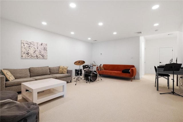 living room with light carpet