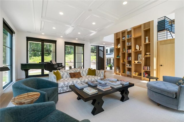 interior space featuring beamed ceiling and coffered ceiling