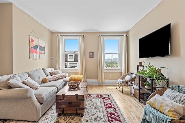 living room featuring plenty of natural light and light hardwood / wood-style flooring