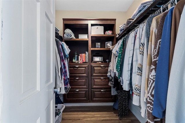 walk in closet featuring dark wood-type flooring