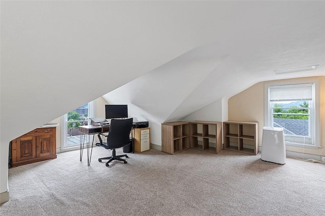 carpeted office with vaulted ceiling