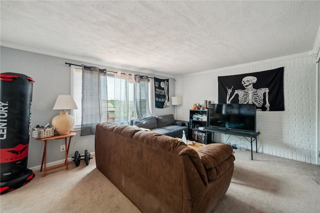 living room with carpet floors, a textured ceiling, and crown molding