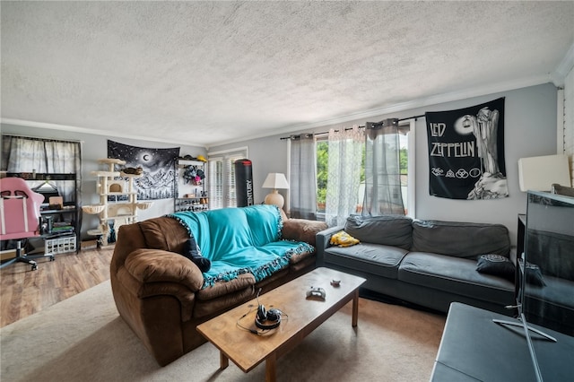 living room with a textured ceiling, hardwood / wood-style floors, and crown molding