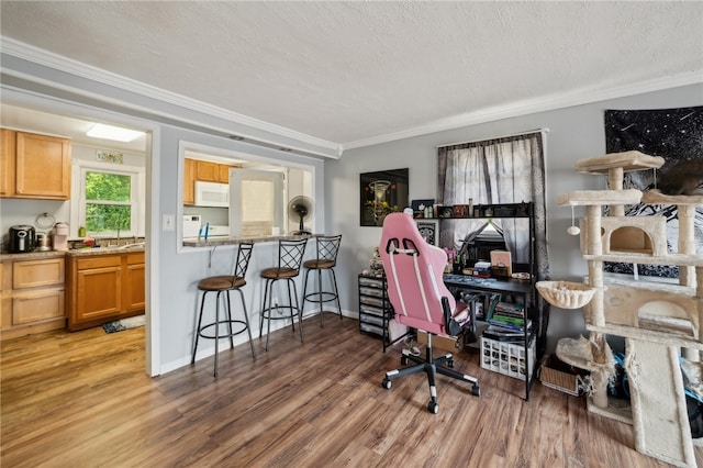 office space featuring hardwood / wood-style floors, a textured ceiling, and crown molding