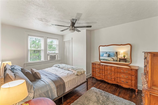 1534 Mcfarland Rd, Dormont, PA 15216 - bedroom with a textured ceiling, dark wood-style flooring, cooling unit, ceiling fan, and baseboards
