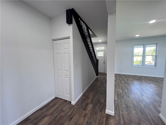 staircase with wood-type flooring and a healthy amount of sunlight