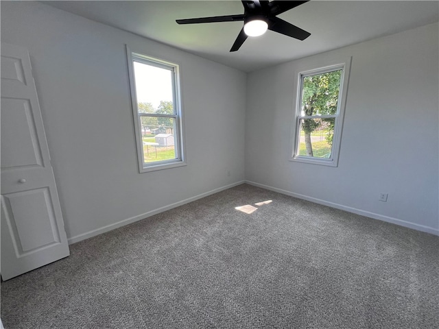 empty room featuring carpet flooring and ceiling fan