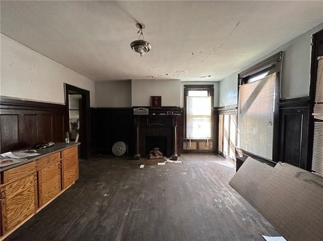 living room with dark hardwood / wood-style flooring