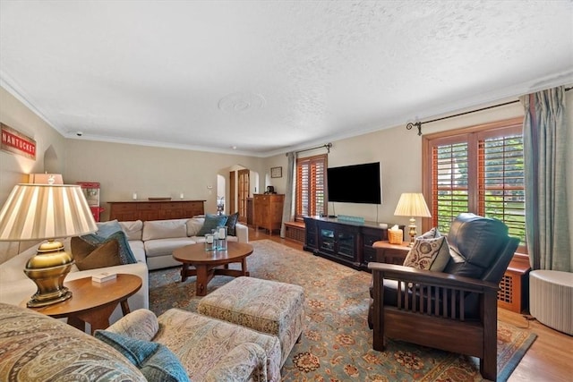 living room featuring crown molding, hardwood / wood-style floors, and a textured ceiling