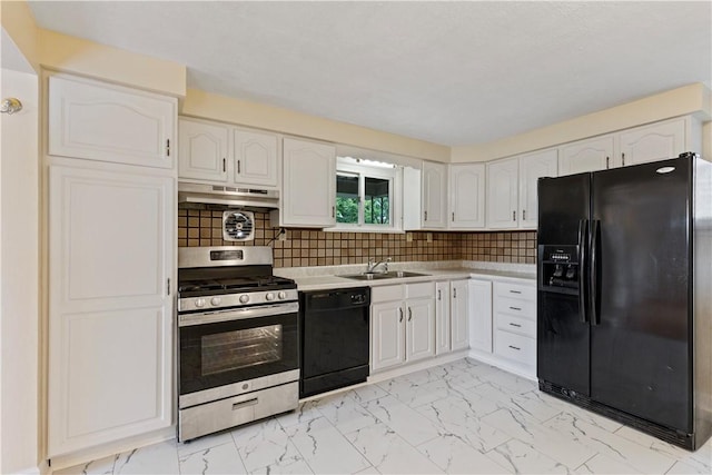 kitchen with backsplash, white cabinetry, sink, and black appliances