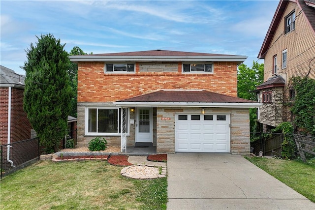 front of property with a garage and a front lawn