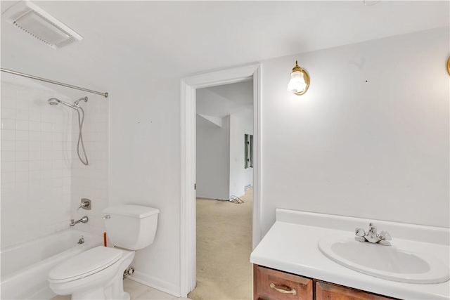 full bathroom featuring vanity, bathtub / shower combination, and toilet