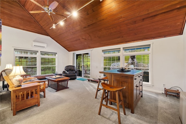 carpeted dining area with a wealth of natural light, wooden ceiling, and high vaulted ceiling