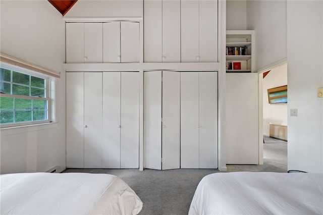 bedroom with light carpet and multiple closets