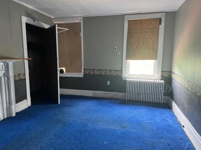 unfurnished room featuring radiator heating unit and carpet