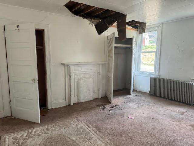 unfurnished bedroom featuring light colored carpet and radiator