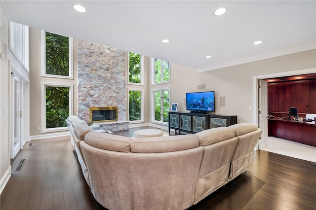 living room featuring a stone fireplace, crown molding, and dark hardwood / wood-style floors