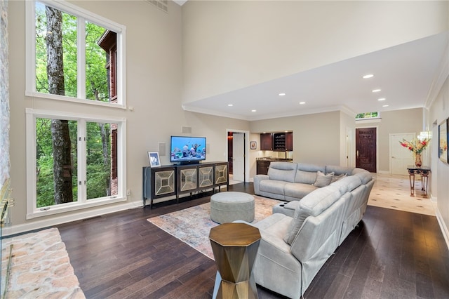 living room featuring a high ceiling, dark hardwood / wood-style flooring, and ornamental molding