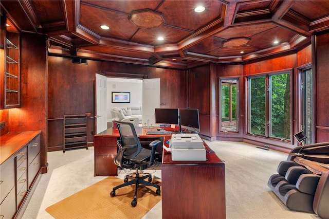 carpeted office space with wooden walls, crown molding, wooden ceiling, and coffered ceiling