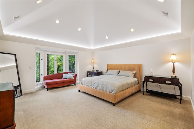 bedroom featuring light carpet and a raised ceiling