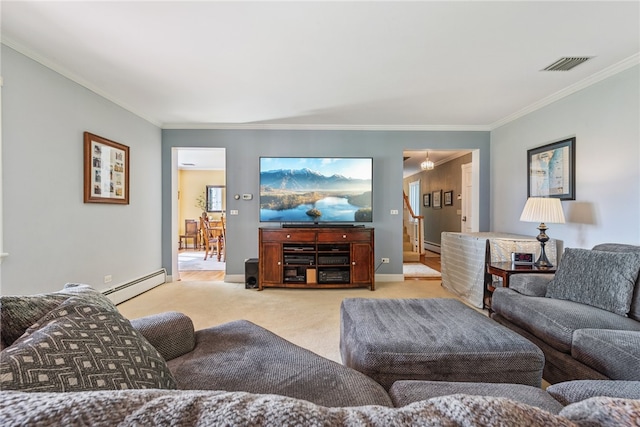 living room featuring carpet, ornamental molding, and a baseboard radiator